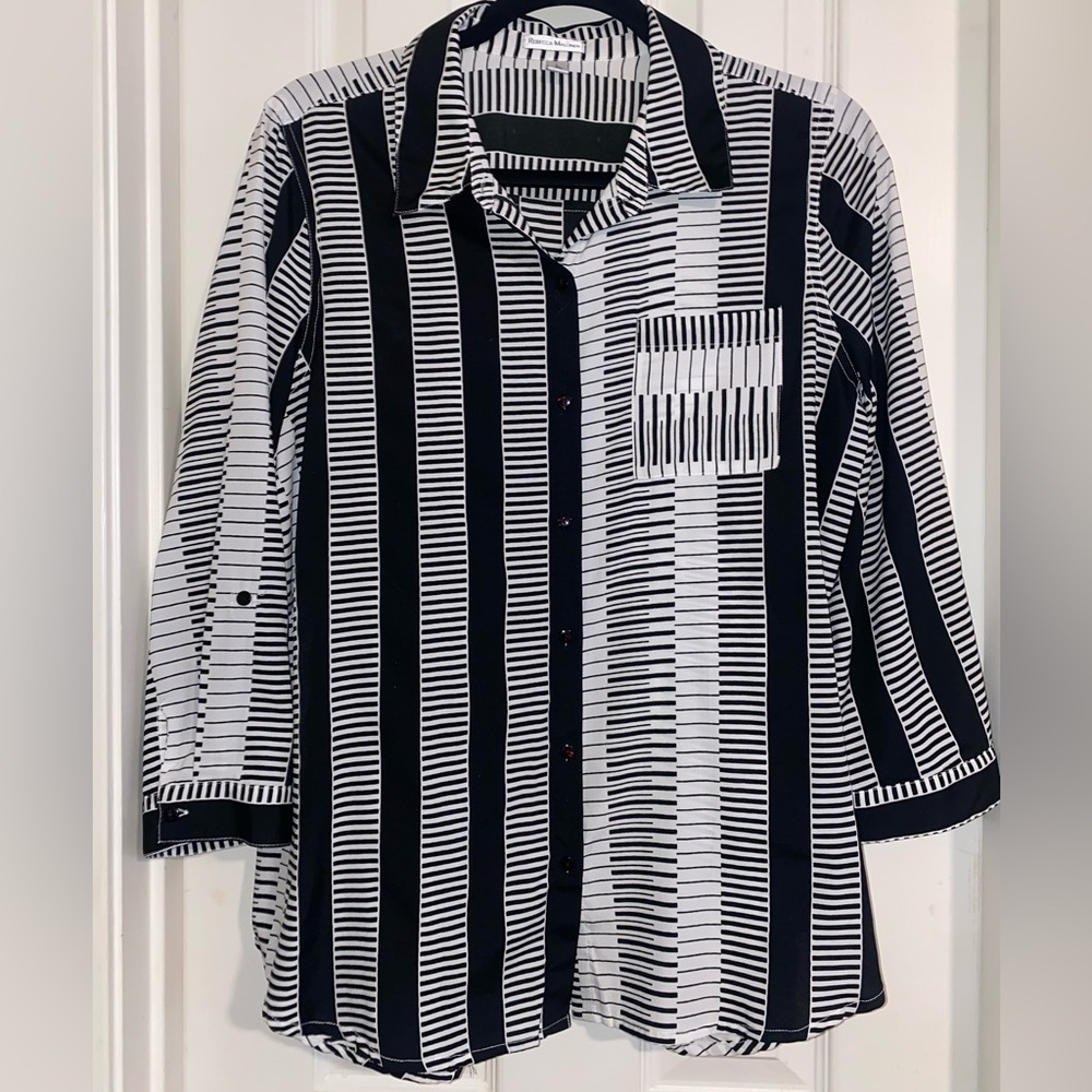 Rebecca Malone Black and White Striped Button Down Shirt